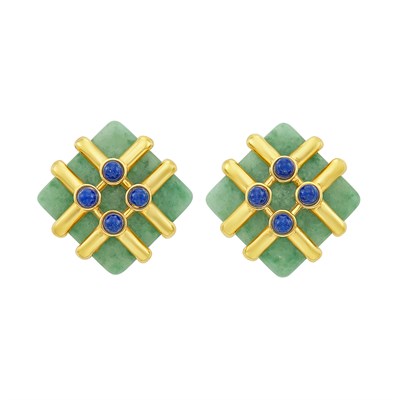 Lot 11 - Pair of Gold, Jade and Lapis Earclips, Cartier, Aldo Cipullo