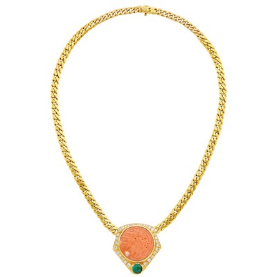 Lot 13 - Gold, Carved Coral, Cabochon Emerald and Diamond Pendant-Necklace