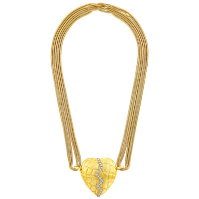 Lot 8 - Gold Snake Link Necklace with Two-Color Gold and Diamond Magnetic Heart Pendant, Gucci