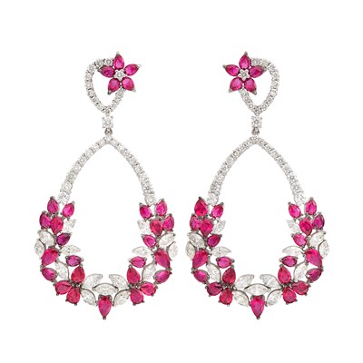 Lot 86 - Pair of White Gold, Ruby and Diamond Pendant-Earrings
