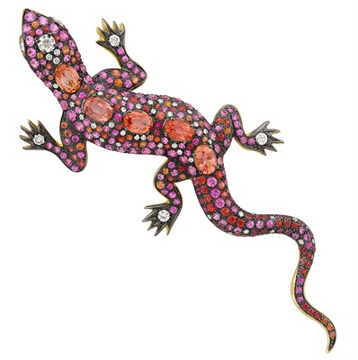 Lot 72 - Gold, Blackened Gold, Multicolored Sapphire and Diamond Salamander Brooch, Laura Munder