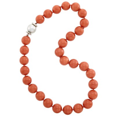 Lot 161 - Coral Bead Necklace with White Gold and South Sea Cultured Pearl Clasp, Seaman Schepps