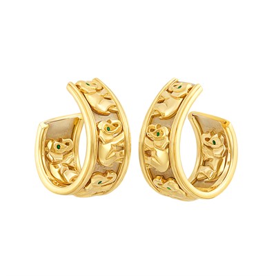 Lot 144 - Pair of Two-Color Gold and Emerald Elephant Hoop Earclips, Cartier, France