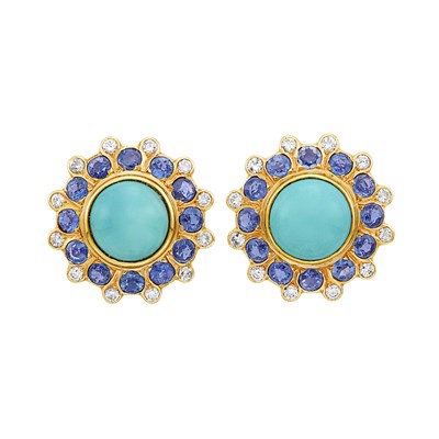 Lot 247 - Pair of Gold, Turquoise, Sapphire and Diamond Earrings