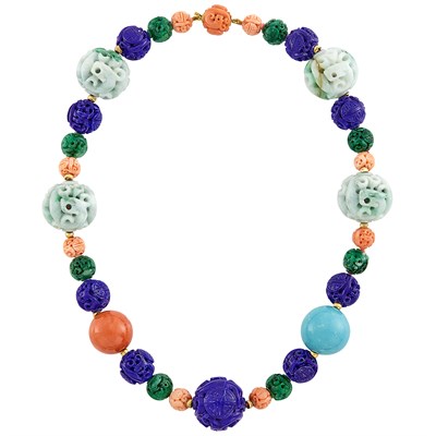 Lot 33 - Carved Jade, Lapis, Coral, Aventurine Quartz, Turquoise and Gold Bead Necklace