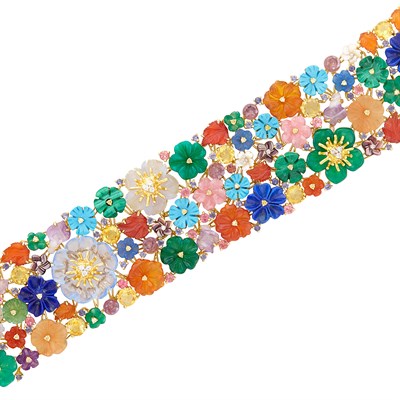 Lot 32 - Wide Gold, Carved Multicolored Agate and Hardstone Flower, Gem-Set and Diamond Bracelet