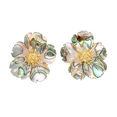 Lot 208 - Pair of Carved Abalone Shell, Gold and Yellow Diamond Flower Earclips