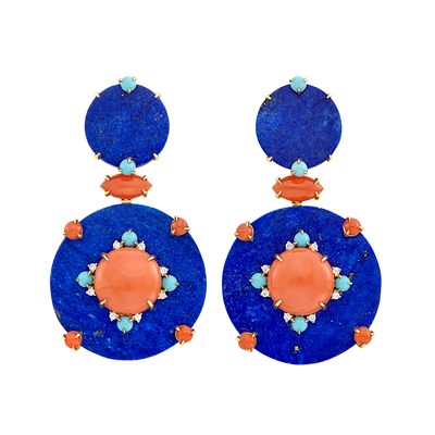 Lot 12 - Pair of Gold, Lapis, Coral, Turquoise and Diamond Pendant-Earclips