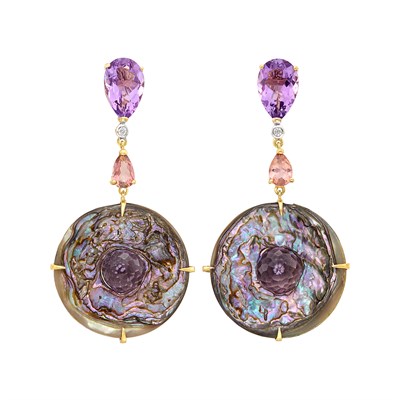 Lot 264 - Pair of Gold, Abalone Shell, Amethyst, Pink Tourmaline and Diamond Pendant-Earclips