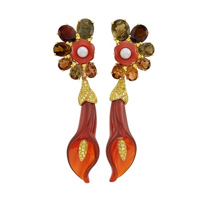 Lot 26 - Pair of Gold, Carnelian, Gem-Set, Cultured Pearl and Yellow Diamond Calla Lily Pendant-Earclips