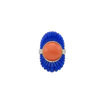 Lot 10 - Gold, Fluted Lapis, Coral and Diamond Ring