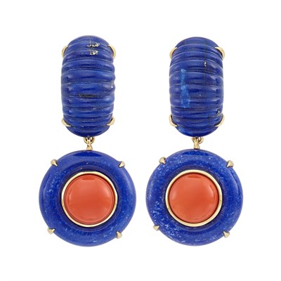 Lot 222 - Pair of Gold, Lapis and Coral Pendant-Earclips