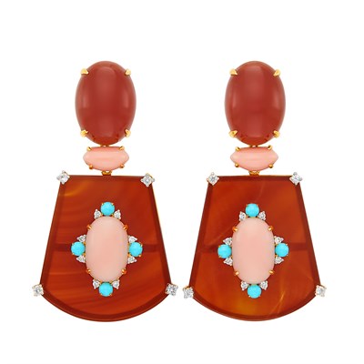 Lot 30 - Pair of Gold, Carnelian, Angel Skin Coral, Turquoise, White Sapphire and Diamond Pendant-Earclips