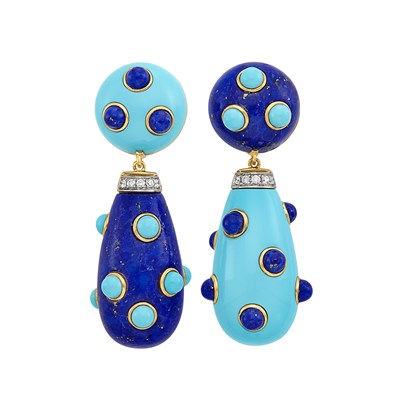 Lot 221 - Pair of Two-Color Gold, Lapis, Turquoise and Diamond Pendant-Earclips