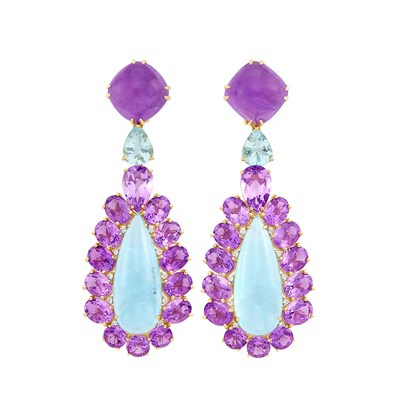 Lot 206 - Pair of Gold, Amethyst, Aquamarine and Diamond Pendant-Earclips