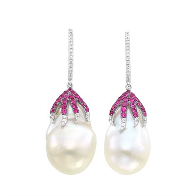 Lot 139 - Pair of White Gold, Baroque Cultured Pearl, Ruby and Diamond Pendant-Earrings