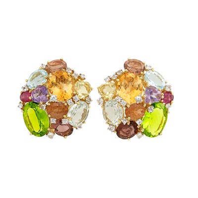 Lot 54 - Pair of Gold, Gem-Set, White Sapphire and Diamond Cluster Earclips