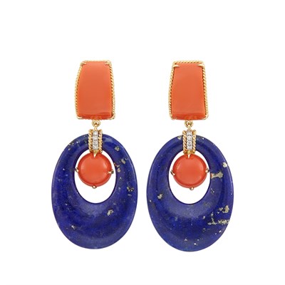 Lot 55 - Pair of Gold, Lapis, Coral and Diamond Pendant-Earclips