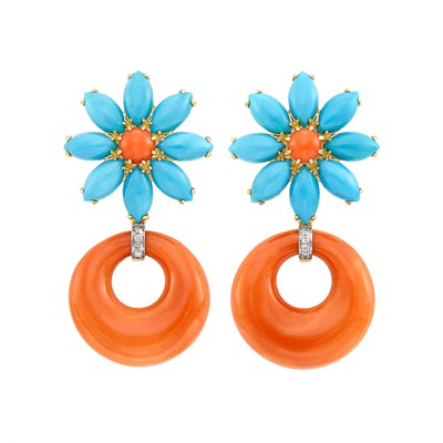 Lot 71 - Pair of Gold, Coral, Turquoise and Diamond Flower Hoop Pendant-Earclips