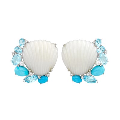 Lot 548 - Pair of White Gold, Fluted White Chalcedony, Blue Topaz, Turquoise, Cultured Pearl and Diamond Earclips