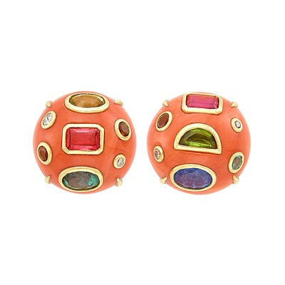 Lot 6 - Pair of Gold, Coral, Gem-Set and Colored Diamond Earclips