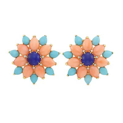 Lot 223 - Pair of Gold, Lapis, Coral, Turquoise and Diamond Flower Earclips