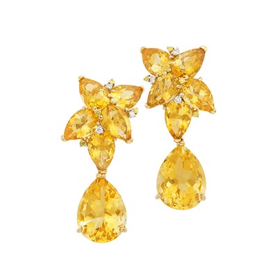 Lot 51 - Pair of Gold, Citrine, Diamond and Yellow Diamond Pendant-Earclips