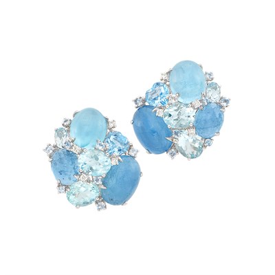 Lot 208 - Pair of White Gold, Aquamarine and Diamond Cluster Earclips