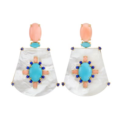 Lot 219 - Pair of Gold, Coral, Mother-of-Pearl, Turquoise, Lapis and Cabochon Sapphire Pendant-Earclips