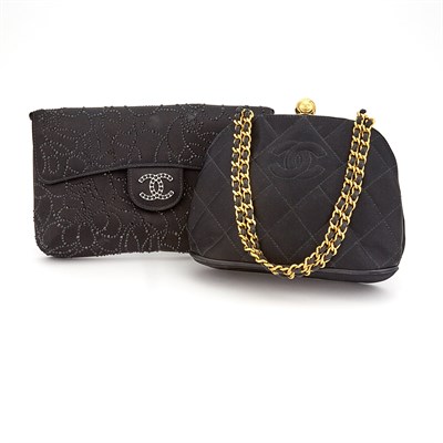 Lot 2105 - Chanel, Black Satin Evening Bag and Black Satin and Rhinestone Porchette
