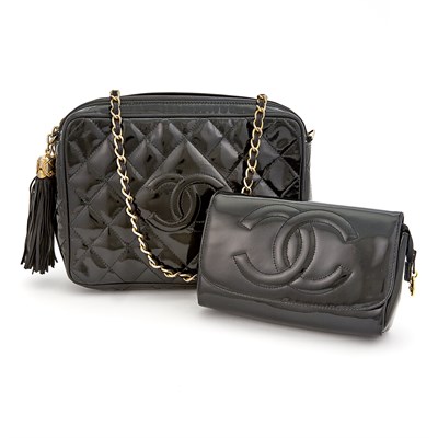 Lot 2104 - Chanel, Patent Leather Zip Chain Shoulder Bag and Black Patent Leather Make Up Bag