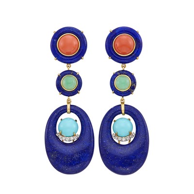 Lot 35 - Pair of Gold, Lapis, Turquoise, Green Chalcedony, Coral and Diamond Pendant-Earclips