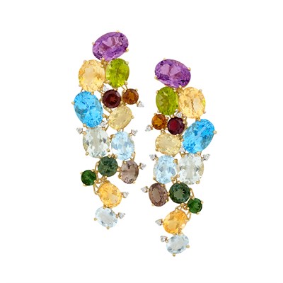 Lot 203 - Pair of Gold, Gem-Set and Diamond Pendant-Earclips