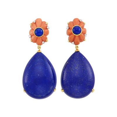 Lot 34 - Pair of Gold, Lapis, Fluted Coral and Diamond Pendant-Earclips