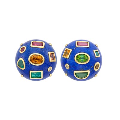 Lot 219 - Pair of Gold, Lapis, Gem-Set and Diamond Earclips