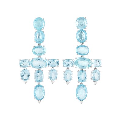 Lot 209 - Pair of White Gold, Aquamarine and Diamond Pendant-Earrings