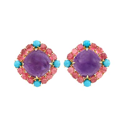 Lot 217 - Pair of Gold, Amethyst, Pink Tourmaline and Turquoise Earclips