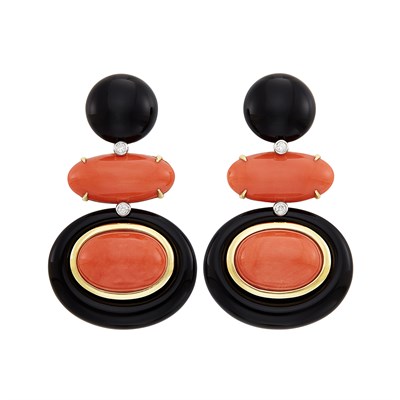 Lot 134 - Pair of Gold, Coral, Black Onyx and Diamond Pendant-Earclips