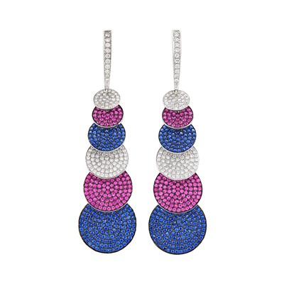 Lot 73 - Pair of White Gold, Sapphire, Pink Sapphire and Diamond Pendant-Earrings