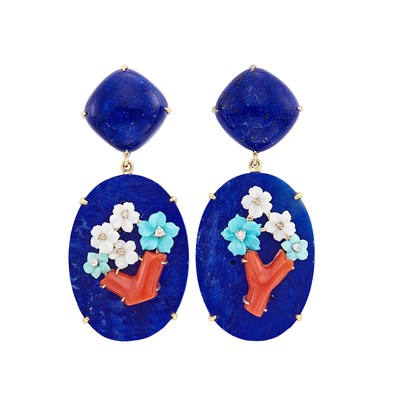 Lot 31 - Pair of Gold, Lapis, Coral, Carved Turquoise and White Agate and Diamond Pendant-Earclips