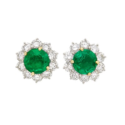 Lot 339 - Pair of Platinum, Gold, Emerald and Diamond Earrings, Cartier