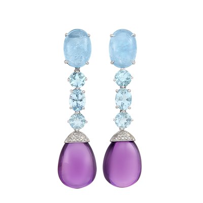 Lot 207 - Pair of White Gold, Aquamarine, Amethyst and Diamond Pendant-Earclips