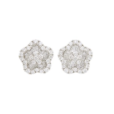 Lot 83 - Pair of White Gold and Diamond Flower Earrings