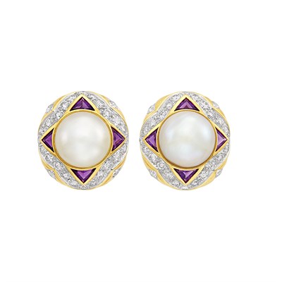 Lot 189 - Pair of Two-Color Gold, Mabé Pearl, Amethyst and Diamond Earclips