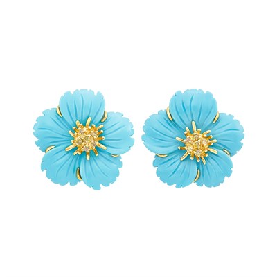 Lot 205 - Pair of Gold, Carved Turquoise and Yellow Diamond Flower Earclips