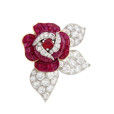 Lot 362 - Platinum, Gold, Mystery-Set Ruby and Diamond Flower Clip-Brooch, Van Cleef & Arpels