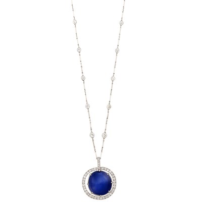 Lot 269 - Platinum, Cabochon Sapphire and Diamond Pendant with Platinum and Diamond Chain Necklace