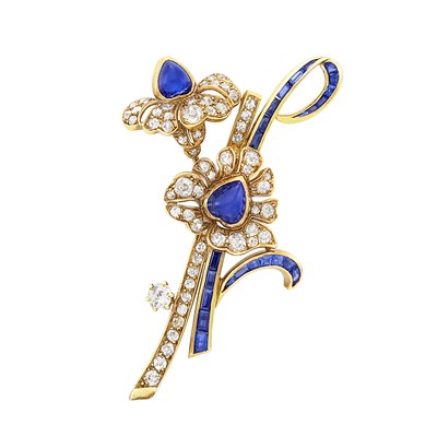 Lot 106 - Gold-Plated Platinum, Sapphire and Diamond Flower Brooch, France