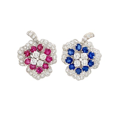 Lot 257 - Pair of Platinum, Diamond, Ruby and Sapphire Flower Earrings