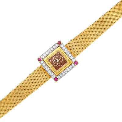 Lot 99 - Gold, Platinum, Diamond and Ruby Buckle Slide Bracelet-Watch, Gubelin, France
